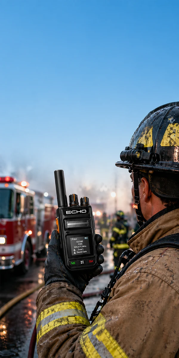 Firefighter checking a handheld communication device during an emergency response scene